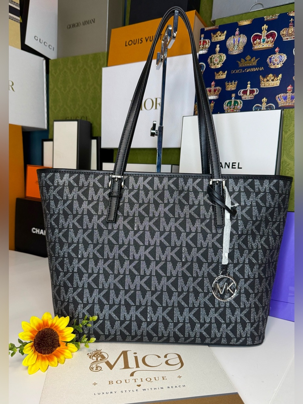 🆕MICHAEL KORS Jet Set Black/Silver TZ Tote Bag